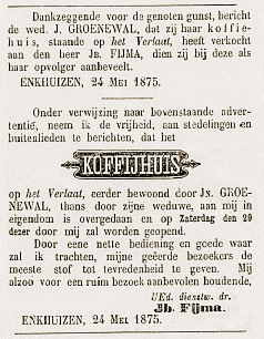advertentie uit de 
         Enkhuizer Courant van 26-6-1875
